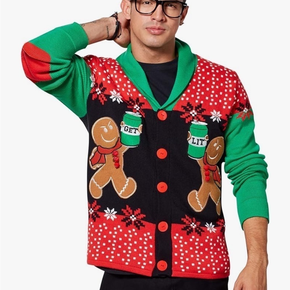 Get Lit Gingerbread Christmas Cardigan Sweater V-Neck Spencer's Xxl Beer